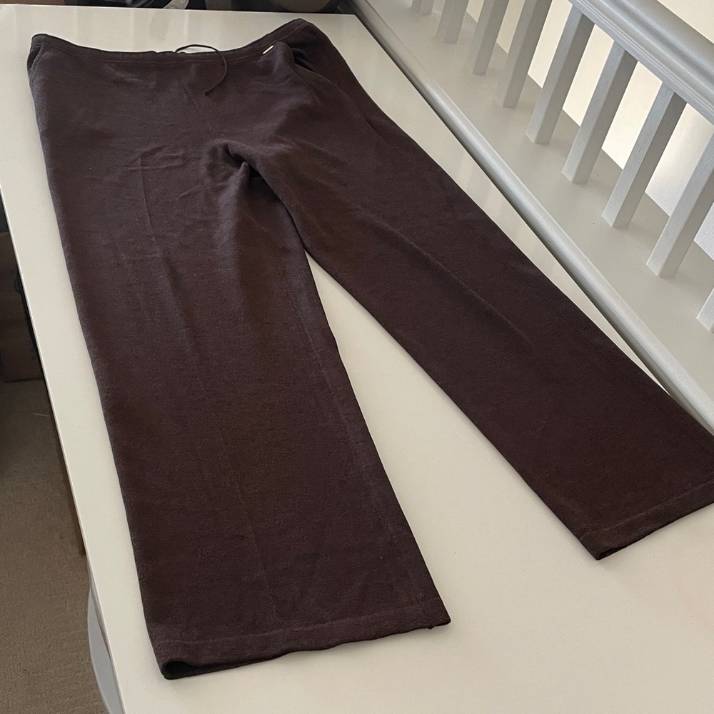 St. John Sport chocolate brown wool drawstring wide leg pants size large - Picture 2 of 9